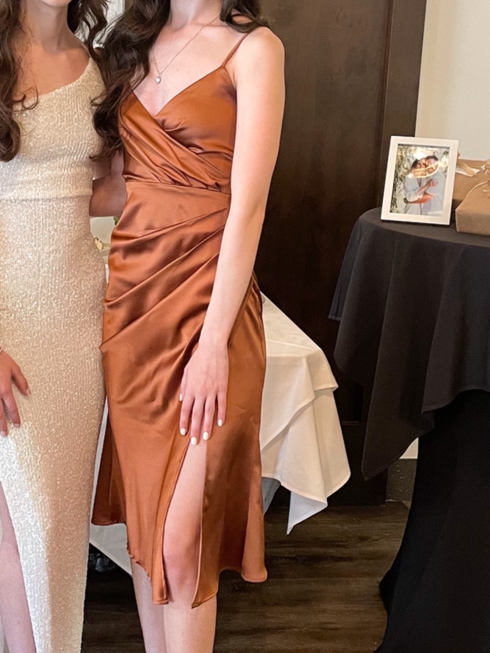 White Fox Boutique Rust Satin Midi Slip Dress